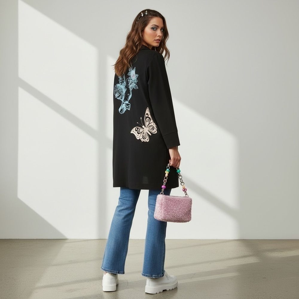 Y2K Zara black faux suede Tattoo Graphic butterfly humming bird Jacket